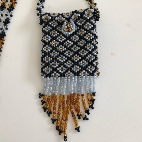 Southwestern Blue/Brown Beaded Medicine Bag Necklace NWOT - Picture 2 of 3